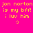 Pixelated text on a split background with pink and orange sections, displaying 'jon norton is my bff! i luv him :)' in yellow font.