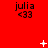 Red background with repeated 'julia <33' text and animated white symbols appearing and changing across frames.