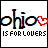 A 4-frame animated contact sheet showing a pixelated text-based icon with "ohio" and "IS FOR LOVERS" text, each frame featuring a red heart symbol in different positions relative to the word "ohio".