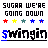 Animated contact sheet of 15 frames showing a pixel art animation with text "SUGAR WE'RE GOING DOWN" above stars and the word "swingin" below, each frame displaying different color variations in the star row and lettering.