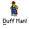 A 4x3 contact sheet of pixel art frames showing a cartoon character in blue overalls and red cap with various poses, expressions, and text bubbles against gray background.