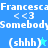 Pixelated blue and cyan background with repeated text elements including 'Francesca', '< < 3', 'Somebody', '(shhh)', and a star symbol.