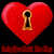 Red heart-shaped icon with golden keyhole in center, dark background, and pixelated red text at bottom.