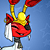 Red cartoon character with yellow crown, black eye patch, and white sword against blue background.