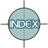 A circular light blue icon with the word INDEX in white text, displayed in multiple orientations across a