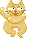 Pixel art animation of a tan cat character with white eyes, red nose, and yellow paw lights performing a dance pose across two frames.