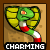 Animated pixel art icon of a green snake-like creature with yellow hood, red and white body segments, performing a dance motion across five frames on a brown background.