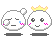 Pixelated white circular character with pink blush, blue tears, and a small floating bubble; some versions wear yellow crown.