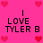 Pixelated pink background with repeated text "I LOVE TYLER B" and heart symbols in red and dark pink.
