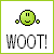 Green pixelated smiley face with changing mouth and hand positions above 'WOOT!' text in gray block letters on white background.