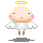 Pixelated angel icon with yellow halo, white wings, and pink cheeks in three distinct poses against gray background.