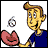 Pixelated cartoon character with light brown hair and blue shirt holds a pink heart-shaped object while looking at a small swirling symbol.