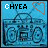 Pixelated blue boombox icon with 'CHYEA' text and gray heart outline, showing animation changes in lettering and heart shape across frames.