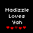 Pixelated text reads "Modizzle Loves Yah" above red heart symbols on a black background, with one heart changing color between frames.