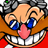 Pixelated cartoon face with blue eyes, pink tongue sticking out, and wide white teeth against a red background.