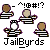 Pixelated cartoon figures in striped prison uniforms with brown, beige, and white heads; text 'JailByrds' below each figure.