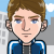 Pixelated character with brown hair, blue eyes, and a neutral expression wearing a dark blue jacket over gray clothing against a light background.