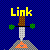 Yellow 'Link' text above a sword with green hilt, silver blade, and orange base on blue checkered background.