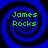 Four identical blue spiral patterns with black outlines, each containing green text reading 'James Rocks' in a pixelated font.
