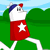 Pixelated icon of a white dog with blue ears and red nose wearing a red stocking with white star, standing on green grass under light blue sky.