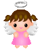 Pixelated angel icon with brown pigtails, pink dress, white wings, and silver halo in four variations showing closed eyes, open eyes, and halo position changes.