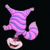 A purple striped cat with a wide grin hangs upside down against black background, next to pink text reading "We're all mad!".