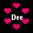 Black background with scattered pink pixelated hearts and four instances of the text "Dee" in white.