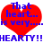 Two red heart shapes with blue text reading 'That heart... is very...' above a larger blue text line 'HEARTY!!!HEARTY!!!' on white background.