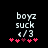 Pixelated text 'boyz suck 4/3' above five pink and magenta heart symbols on a black background, with one heart changing color between frames.