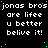 Static pixel art displays repeated text 'jonas bros are lifee u better belive it!' in white with cyan dots on black background, one gray square visible.