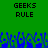 Green background with black pixelated text 'GEEKS RULE' repeated twice, blue and green pixelated shapes at the bottom resembling abstract figures or foliage.