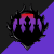 Pixel art animation of a purple and black creature with red eyes and a teal hair strand, transitioning from a shield-like pose to a full-body view against a purple and black background.