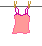 A pink sleeveless dress hangs from a horizontal line with two brown pegs, with blue water droplets falling from it in a sequence.