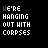 Animated contact sheet of a pixel art text-based icon showing progressive text decay and animation changes across 25 sampled frames, with visible text "WE'RE HANGING OUT WITH CORPSES" and partial phrases at the bottom.