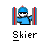 Pixelated icon of a skier in blue gear between two vertical gray bars with red stripes, labeled 'Skier' below.