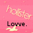 Pink background with pixelated text 'hotter' in light pink, black text 'Lowe.' below it, and a yellow flame-like shape beneath the text.