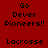 Red background displays pixelated text with yellow highlight changes across four positions showing 'Go Dever Pioneers!!' and 'Lacrosse' variations.