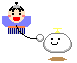 Pixelated character with black hair and red cheeks holds a white ball attached to a yellow-topped cloud-like object on gray background.