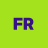 Green background with large purple letters FR in the center, pixelated appearance.