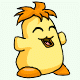 Yellow cartoon character with orange accents in four distinct poses showing varied expressions and orientations.