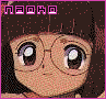 Pixelated anime-style character with brown hair and glasses, displaying three distinct eye expressions