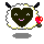 Pixelated sheep-like avatar with dark green heart-shaped face, white woolly border, and black horns; holds red apple in right hand; gray background.
