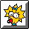 Pixelated yellow cartoon character with spiky hair, blue bow, white eyes, red heart-shaped object held in right hand, and blue shoes against gray background.
