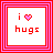 Pixel art icon with red and pink borders displaying "i ❤️ hugs" text, where the heart symbol is a pixelated pink shape.