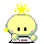 Animated pixel art contact sheet showing a yellow spherical character with star crown performing various actions across 8 frames on gray background.