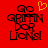 Red background with black pixelated text reading 'Go Griffin for Lions!' and a yellow pixelated heart above 'Go' on the left side.