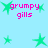 Pixelated light blue background with green star shapes and pink text reading 'grumpy gills' in two
