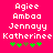 Pixelated text list on bright pink background with green and brown symbols below, showing name variations Agiee Amboq Jennayy Katherinee in two identical