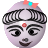 Pixelated circular icon with light purple skin tone, black eyebrows, and a red bindi on the forehead, topped with a pink and cyan bow.