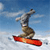 Pixelated static image of a person performing a snowboarding trick against a blue sky background with white clouds and snowy terrain below.